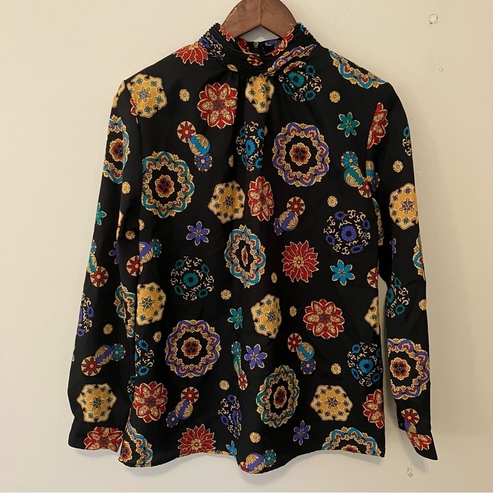 VTG Women’s Black Medallion Polyester Blouse High Neck Sz. 10 Office Preppy